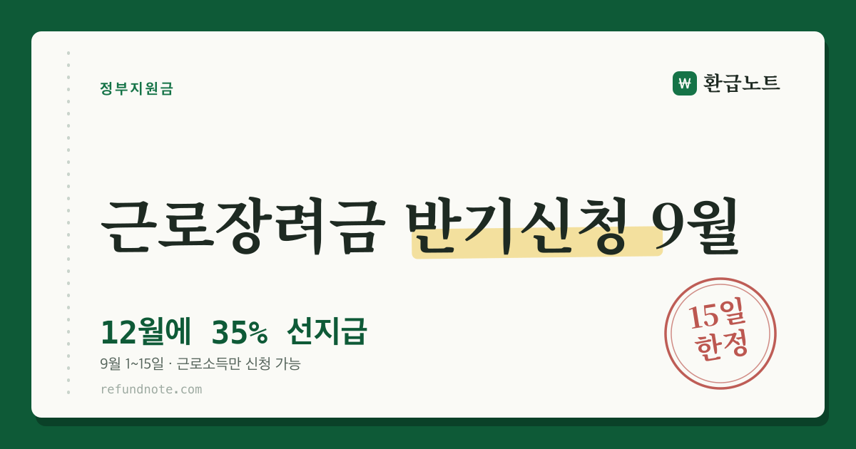 근로장려금 반기신청 9월 1~15일 — 12월 30일까지 35% 선지급 안내 카드